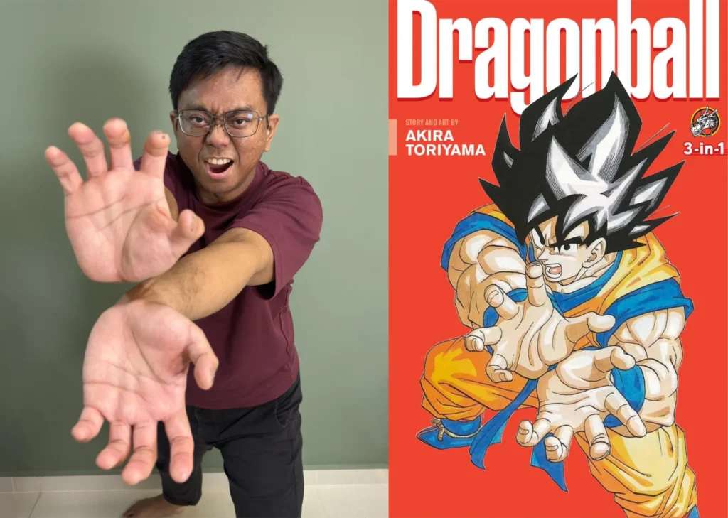 On the left, Winston strikes the Kamehameha pose, with both arms outstretched in front of him, hands cupped together as if he’s preparing to throw an energy ball. On the right, Goku from Dragon Ball Z is striking the same pose, performing his Kamehameha attack.